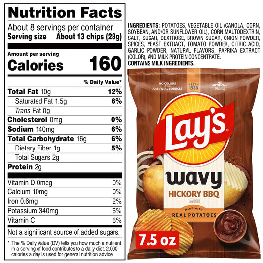 Lay's Wavy Hickory BBQ Flavored Potato Chips, 7.5 oz Bag