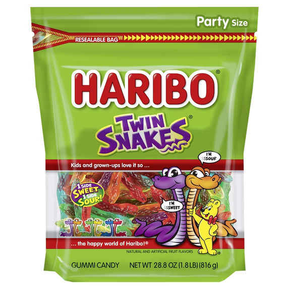 HARIBO Twin Snakes Gummies Original Sweet and Sour Assorted Fruit Flavor Gummy Candy, 28.8 oz, Bulk Party Size Bag( 2 pack)