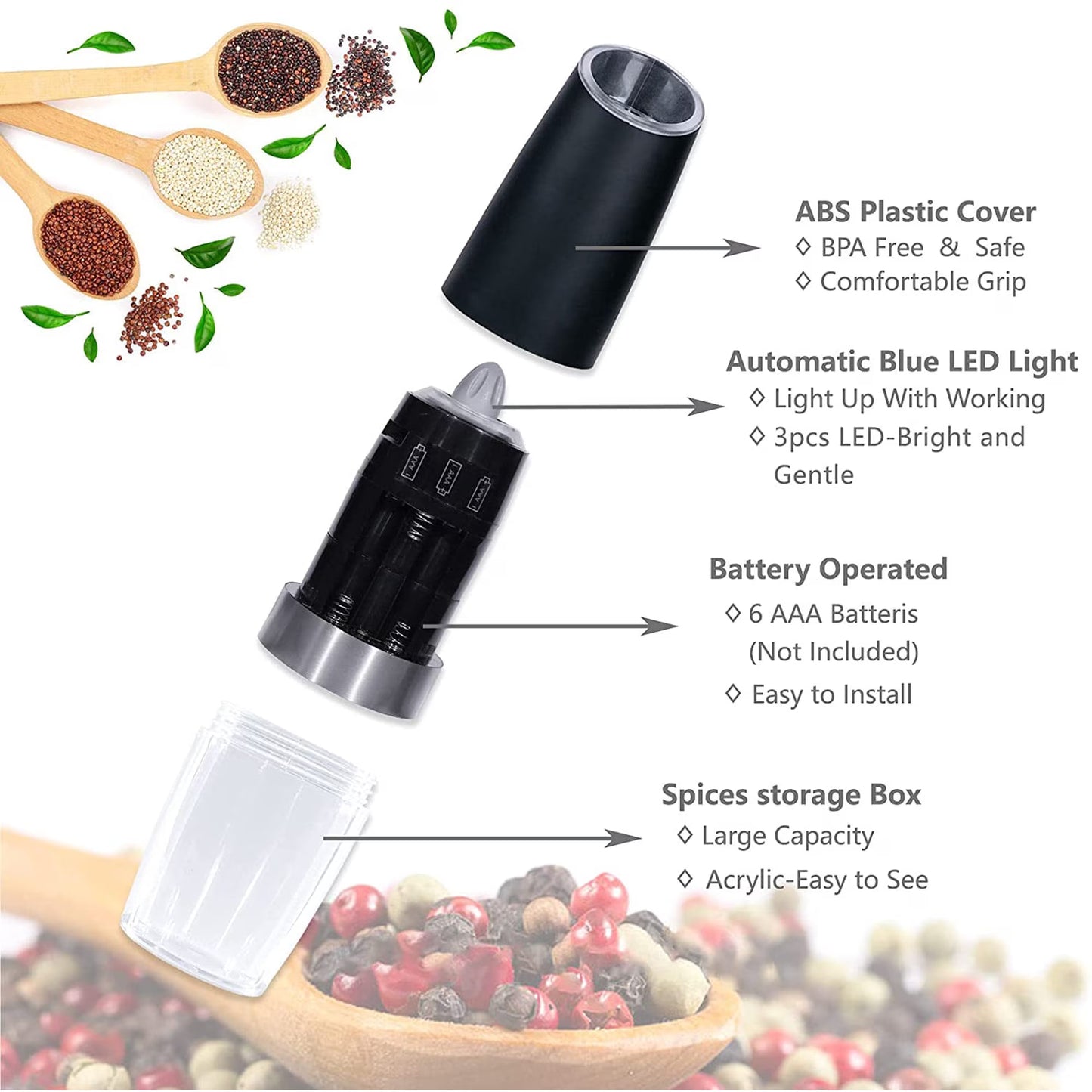 2 Piece Set Electric Salt and Pepper Grinder Set , Adjustable Coarseness Mill Grinders Stainless Steel