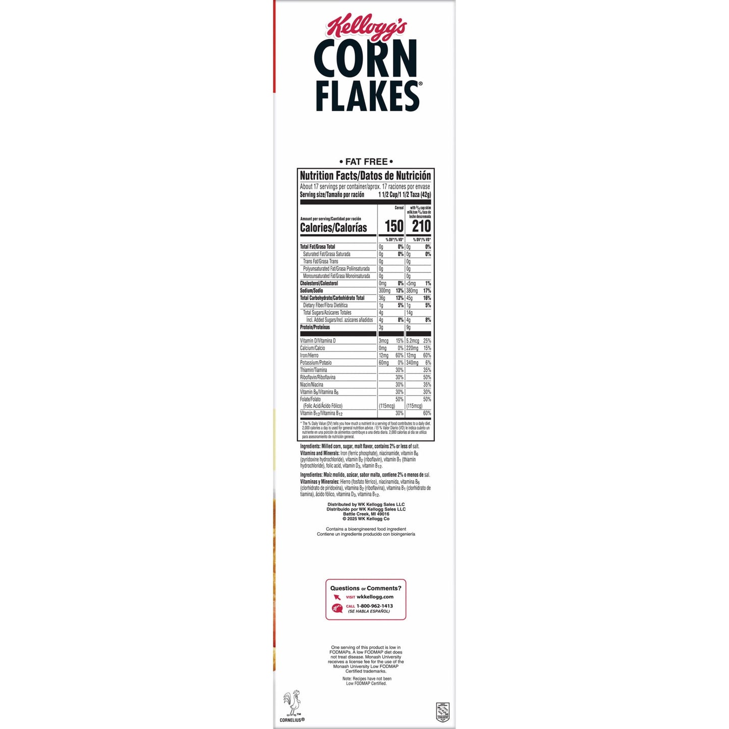 Kellogg's Corn Flakes Original Breakfast Cereal, 8 Vitamins and Minerals, Mega Size, 25.2 oz