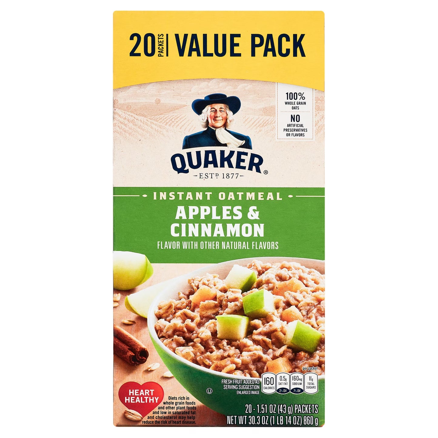 (8 pack) Quaker, Instant Oatmeal, Apple & Cinnamon, 1.51 oz, 20 Packets