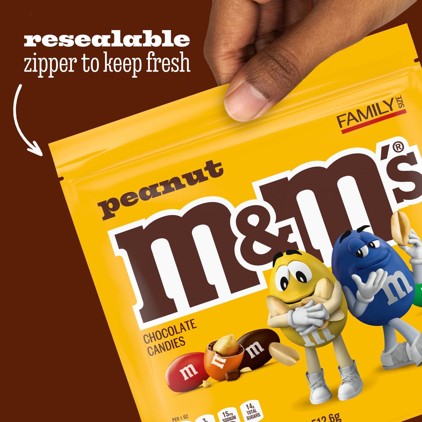 M&M's Peanut Milk Chocolate Candy, Family Size 18.08 oz Resealable Bulk Bag