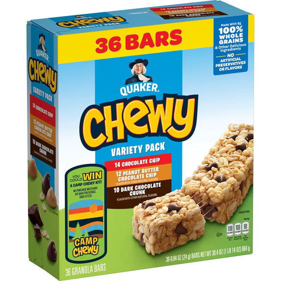 (4 pack) Quaker Chewy Granola Bars, 3 Flavor Variety Pack, 30.4 oz, 36 Count