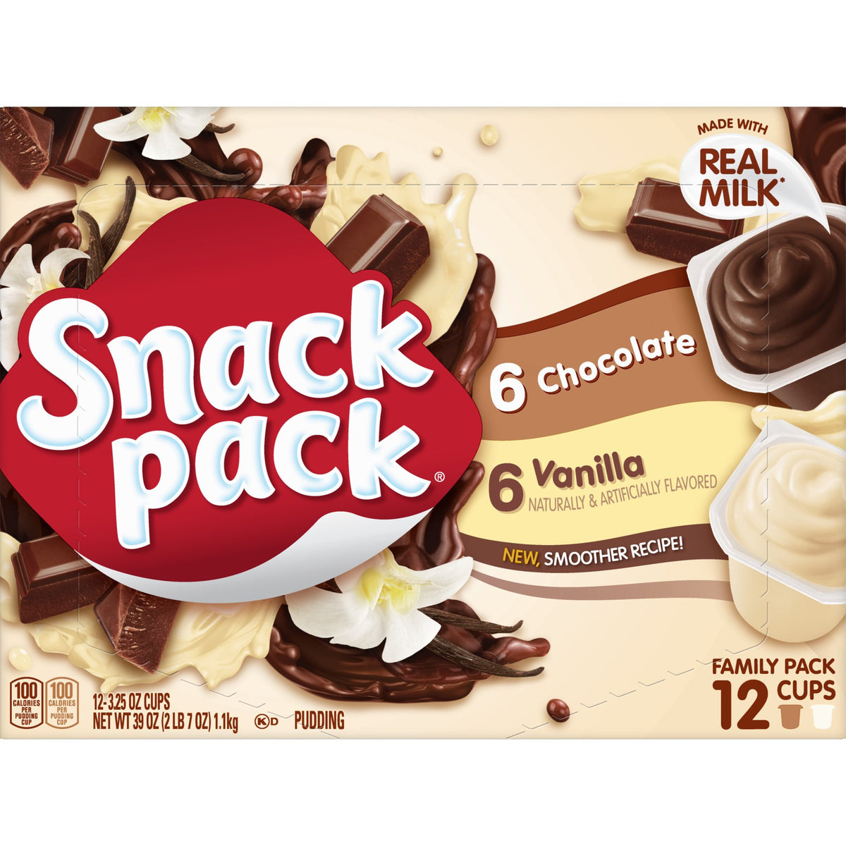 (4 pack) Snack Pack Chocolate Pudding and Vanilla Pudding, Lunchbox Snacks, 3.25 oz Pudding Cups, 12 Count Family Pack