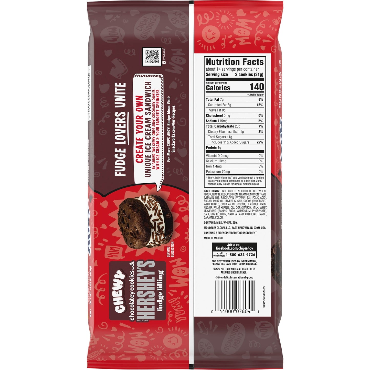 CHIPS AHOY! Chewy Hershey's Fudge Filled Soft Fudgy Chocolate Chip Cookies, Family Size, 14.85 oz