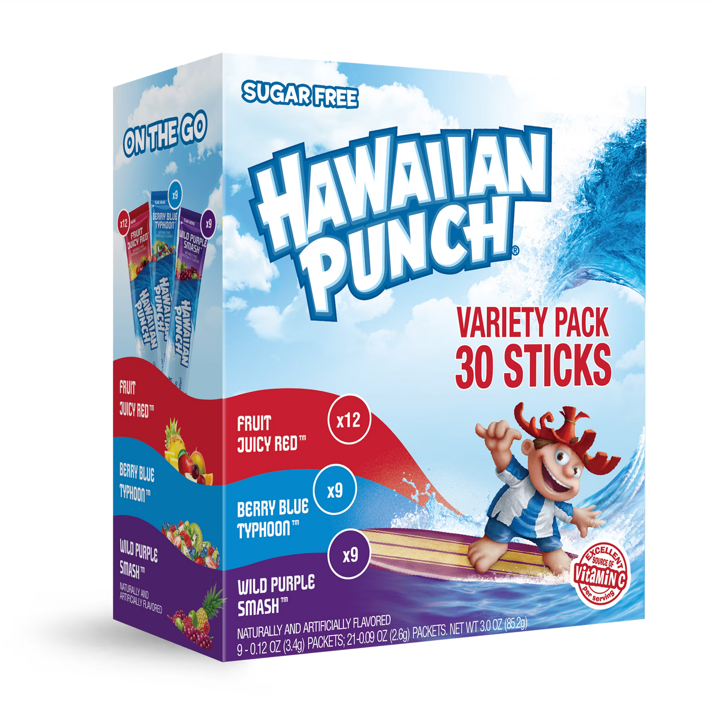 Hawaiian Punch Powder Drink Mix Variety Pack, Red, Blue, & Purple, Sugar-Free, 30 Count