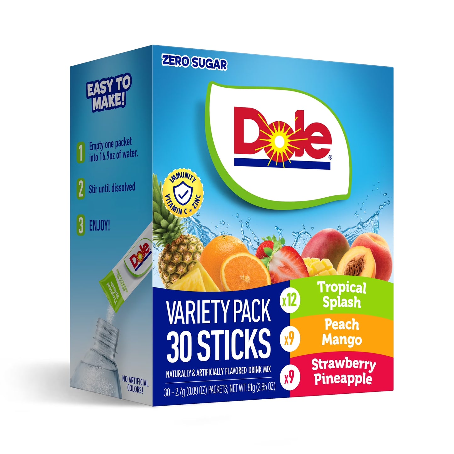 (3 pack) Dole Powder Drink Mix Variety Pack, Tropical, Peach Mango & Strawberry Pineapple, Sugar-Free, 30 Ct
