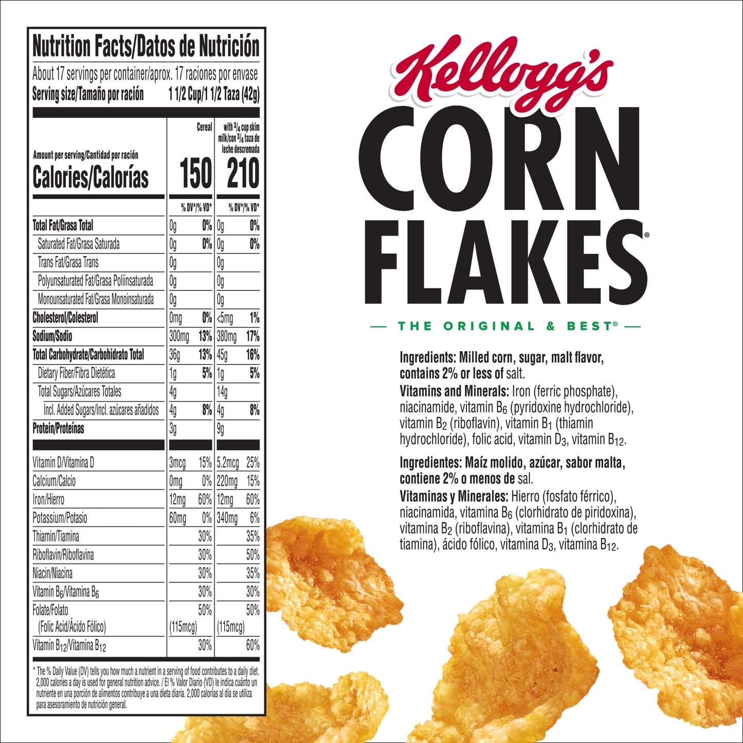 Kellogg's Corn Flakes Original Breakfast Cereal, 8 Vitamins and Minerals, Mega Size, 25.2 oz