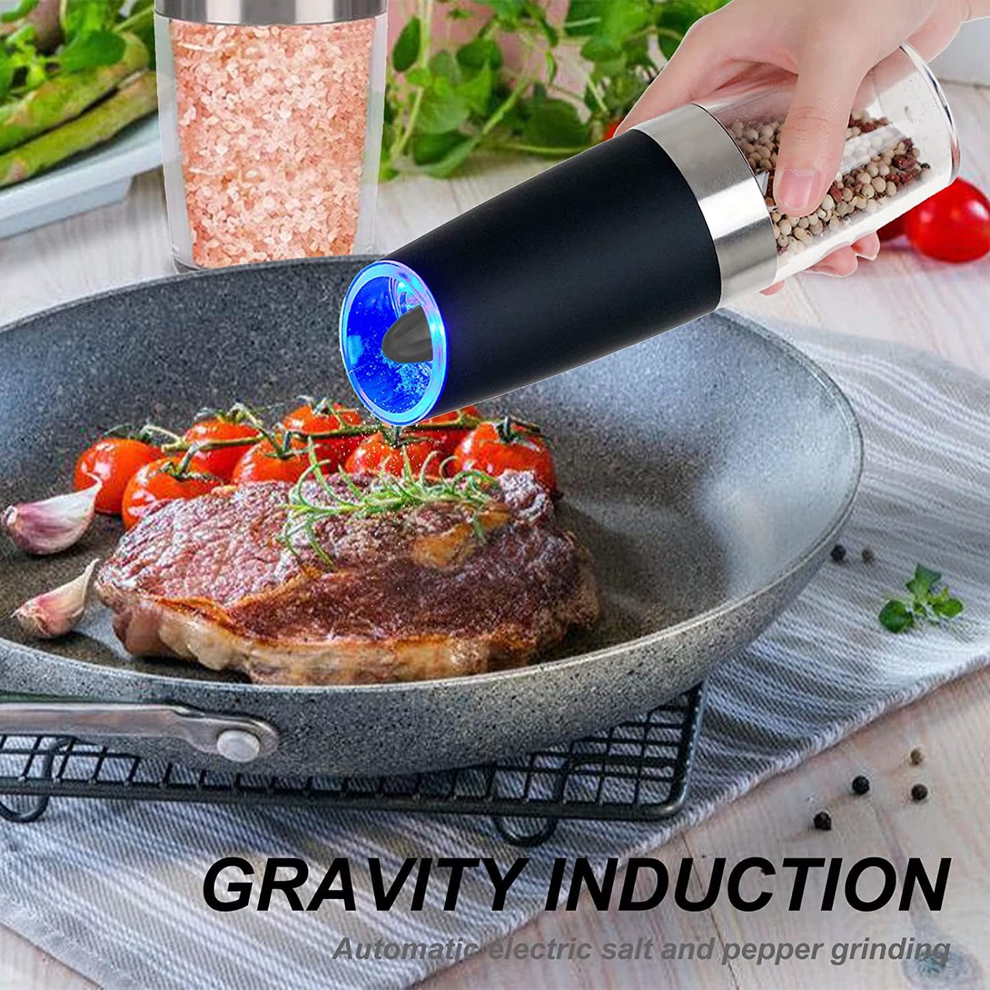 2 Piece Set Electric Salt and Pepper Grinder Set , Adjustable Coarseness Mill Grinders Stainless Steel