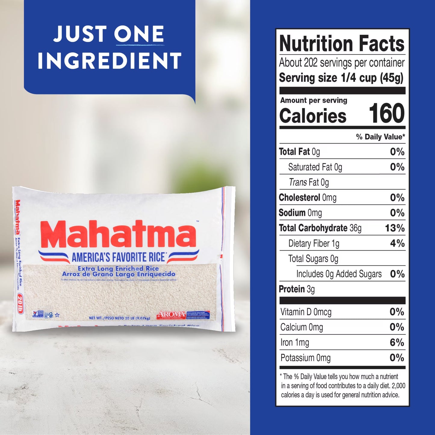 Mahatma Enriched Extra Long Grain White Rice, 20 lb Bag