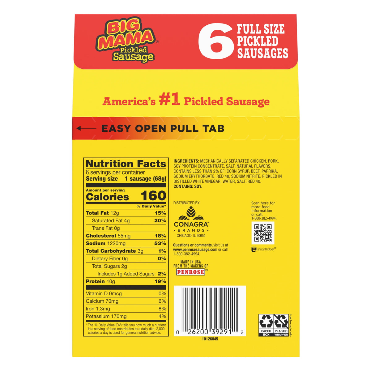 Penrose Big Mama Pickled Sausage, 10g Protein per Sausage, 2.4 oz., 6-Count