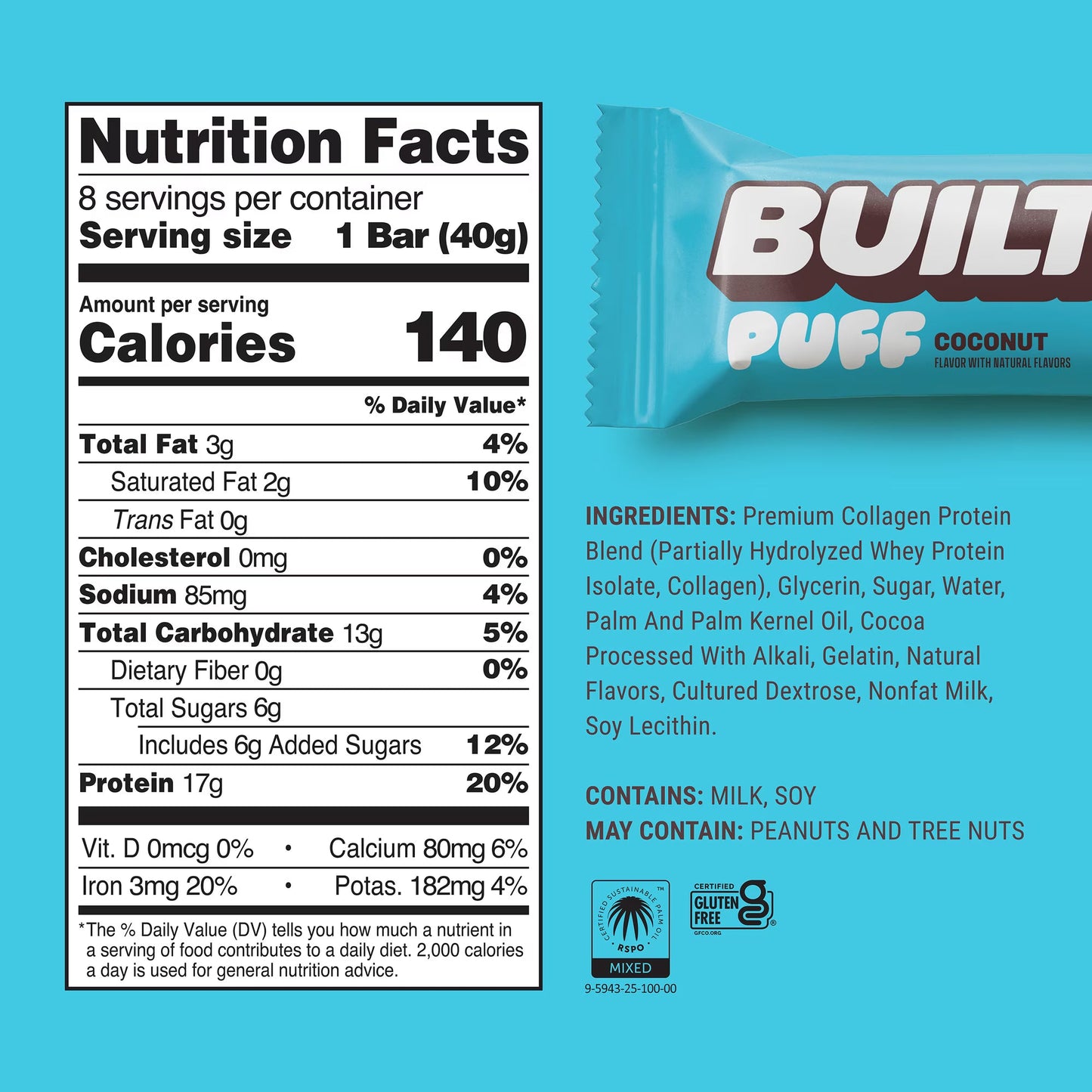 (3 pack) BUILT Puff Protein Bar, Coconut, 17g Protein, Collagen, 140 Calories, 4 Count Box, 1.41 oz Bars