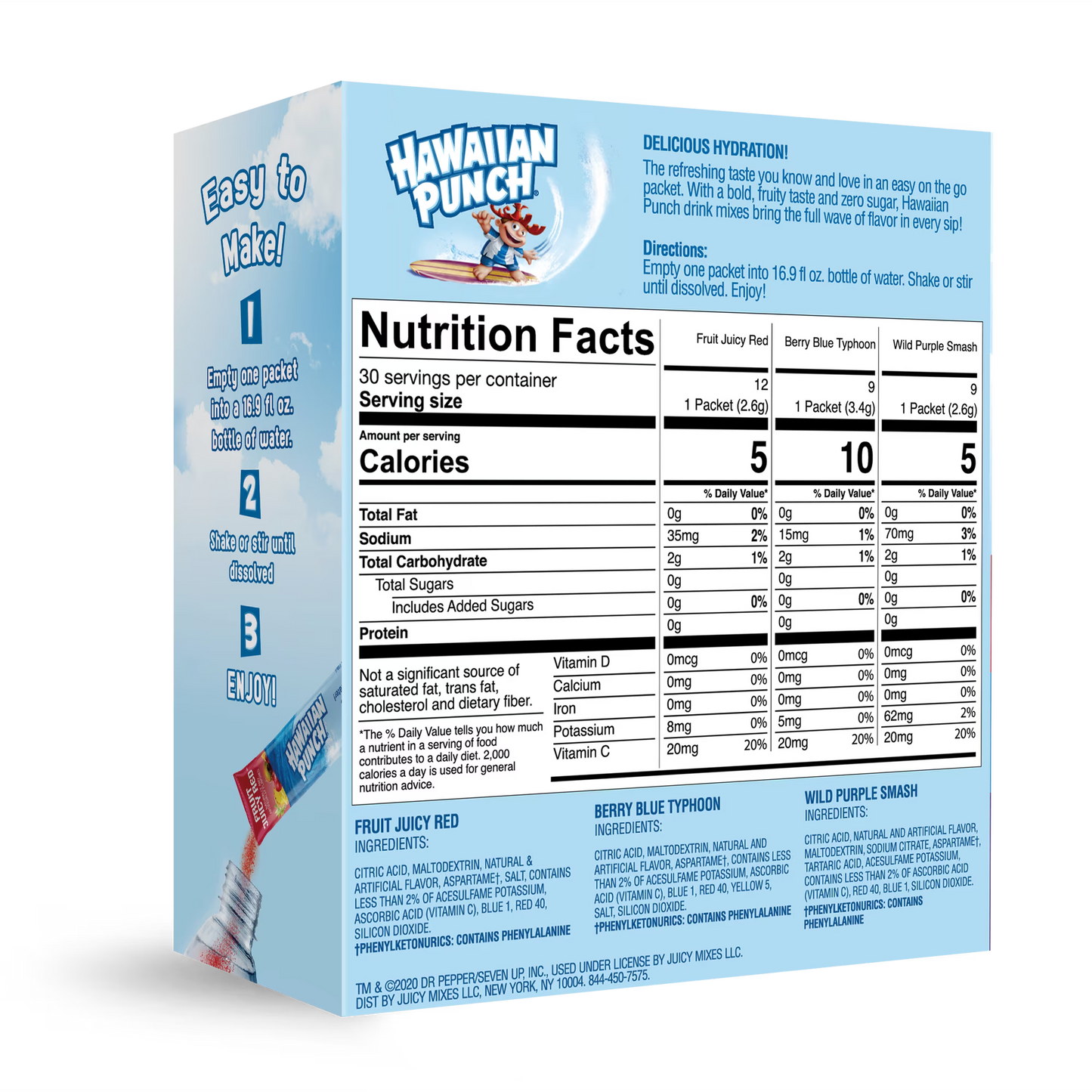 Hawaiian Punch Powder Drink Mix Variety Pack, Red, Blue, & Purple, Sugar-Free, 30 Count