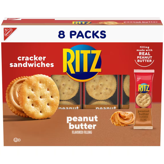 (3 pack) RITZ Peanut Butter Sandwich Crackers, Lunch Snacks, 8 Snack Packs (6 Crackers Per Pack)