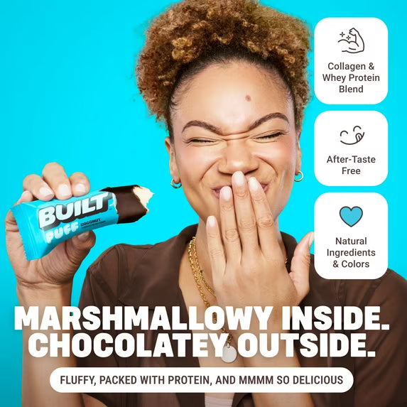 (3 pack) BUILT Puff Protein Bar, Coconut, 17g Protein, Collagen, 140 Calories, 4 Count Box, 1.41 oz Bars
