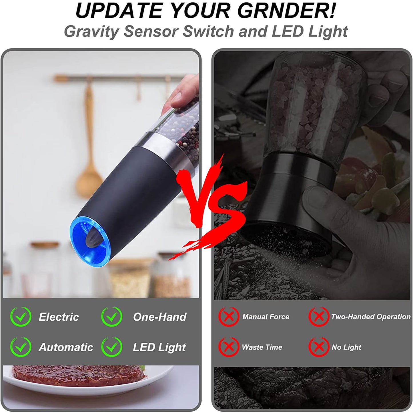 2 Piece Set Electric Salt and Pepper Grinder Set , Adjustable Coarseness Mill Grinders Stainless Steel