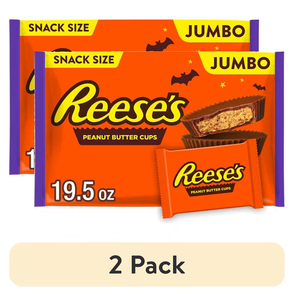 (2 pack) Reese's Milk Chocolate Snack Size Peanut Butter Cups, Halloween Candy Jumbo Bag, 19.5 oz