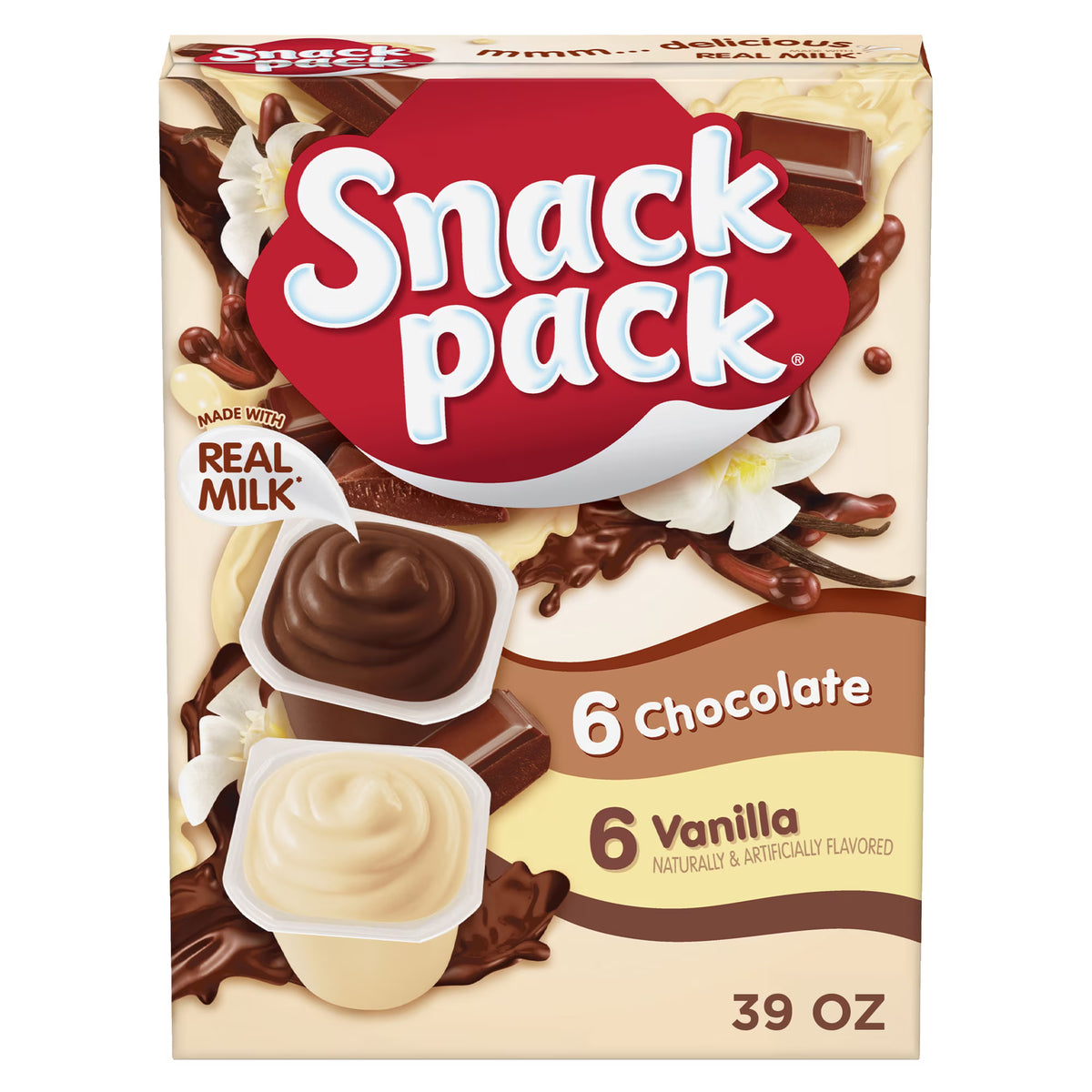 (4 pack) Snack Pack Chocolate Pudding and Vanilla Pudding, Lunchbox Snacks, 3.25 oz Pudding Cups, 12 Count Family Pack