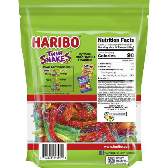 HARIBO Twin Snakes Gummies Original Sweet and Sour Assorted Fruit Flavor Gummy Candy, 28.8 oz, Bulk Party Size Bag( 2 pack)