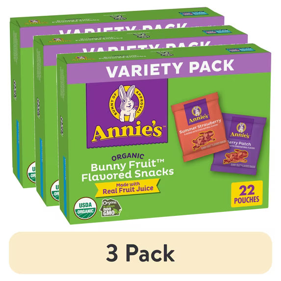 (3 pack) Annie's Organic Bunny Fruit Flavored Snacks, Variety Pack, Gluten Free, 22 Count Pouches