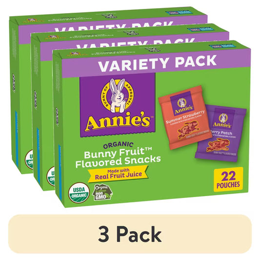 (3 pack) Annie's Organic Bunny Fruit Flavored Snacks, Variety Pack, Gluten Free, 22 Count Pouches