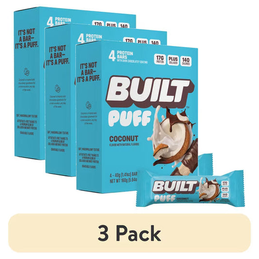 (3 pack) BUILT Puff Protein Bar, Coconut, 17g Protein, Collagen, 140 Calories, 4 Count Box, 1.41 oz Bars