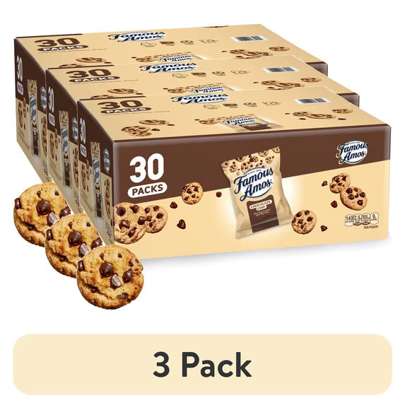 (3 pack) Famous Amos Classic Chocolate Chip Cookies, Bite-size cookies, Sweet Treats, 30 Pack Box, 1 oz Bag