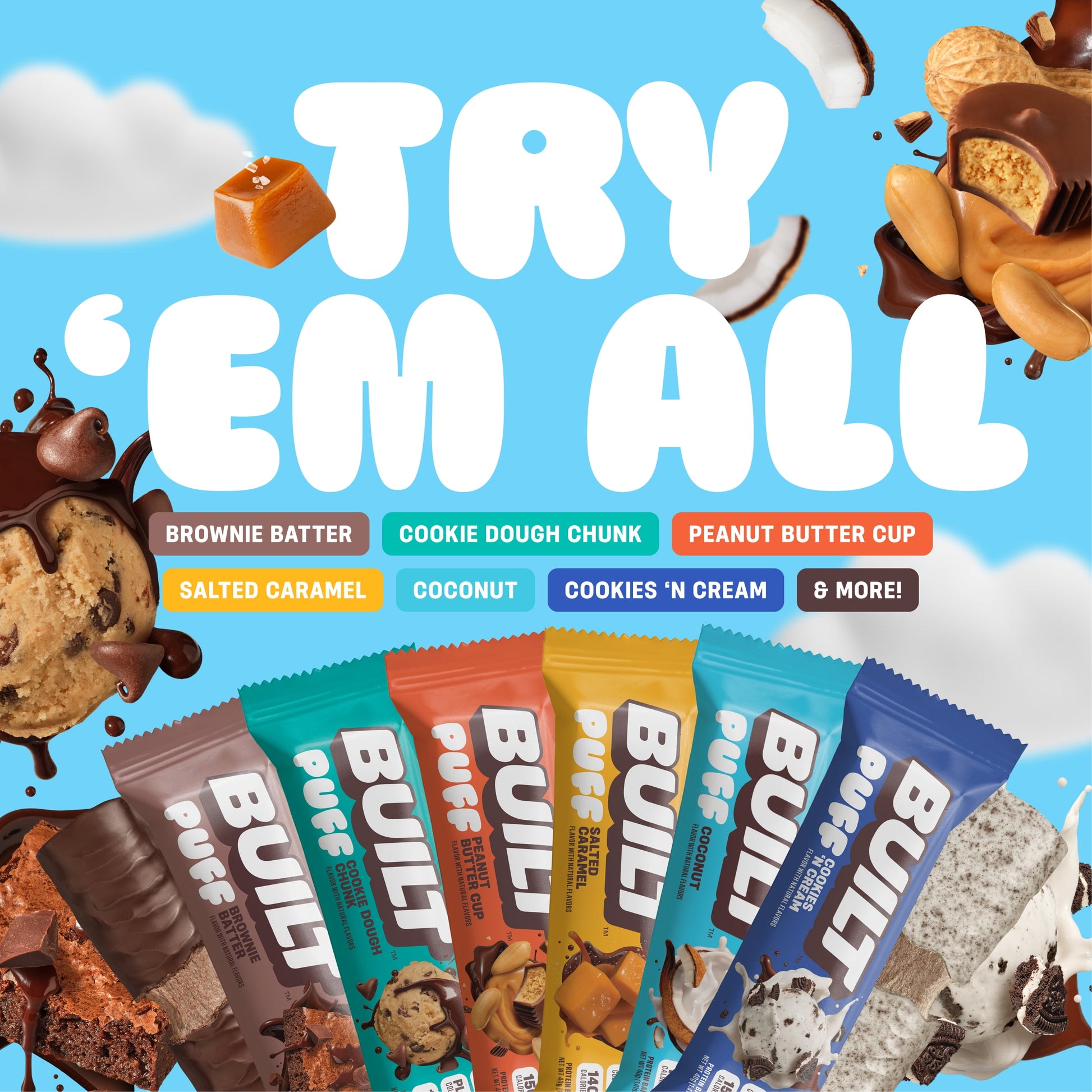 BUILT Puff Protein Bar, Brownie Batter, 17g Protein, Collagen, 140 Calories, 4 Count Box, 1.41 oz Bars