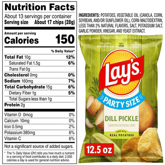 4 pack, Lay's Dill Pickle Potato Snack Chips, 7.75 oz Bag.