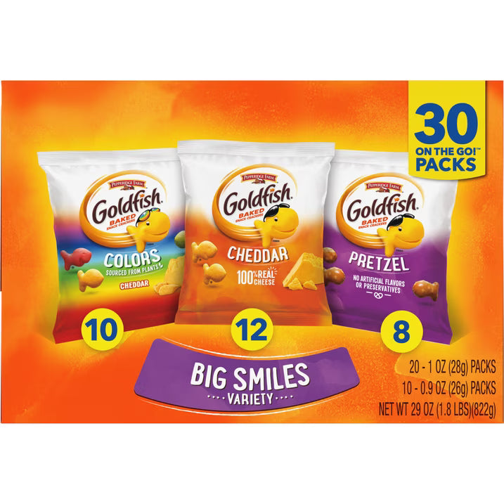 Goldfish Crackers Big Smiles with Cheddar, Colors, and Pretzel Crackers, Snack Pack, 30 Count Variety Pack Box