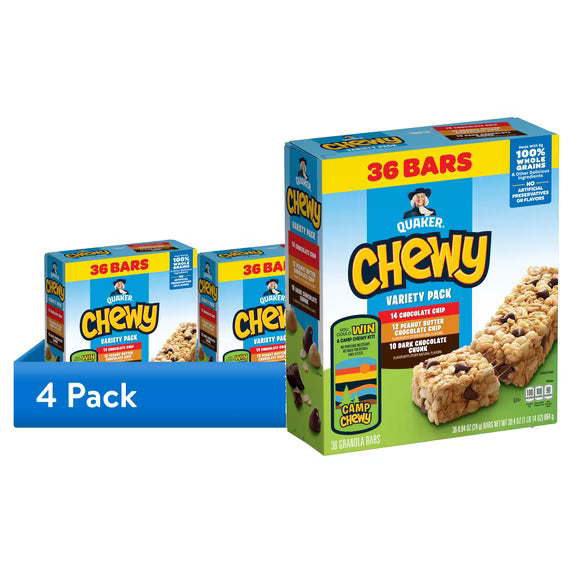 (4 pack) Quaker Chewy Granola Bars, 3 Flavor Variety Pack, 30.4 oz, 36 Count