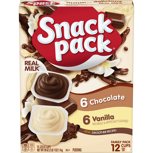 (4 pack) Snack Pack Chocolate Pudding and Vanilla Pudding, Lunchbox Snacks, 3.25 oz Pudding Cups, 12 Count Family Pack