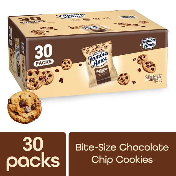 (3 pack) Famous Amos Classic Chocolate Chip Cookies, Bite-size cookies, Sweet Treats, 30 Pack Box, 1 oz Bag
