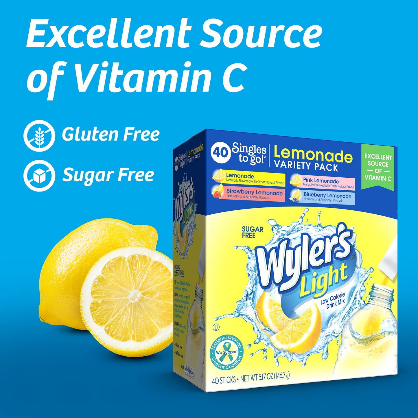 Wyler's Light Lemonade Powder Mix, Singles To Go Variety Pack, 4 Flavors, 40 Count (Pack of 2)