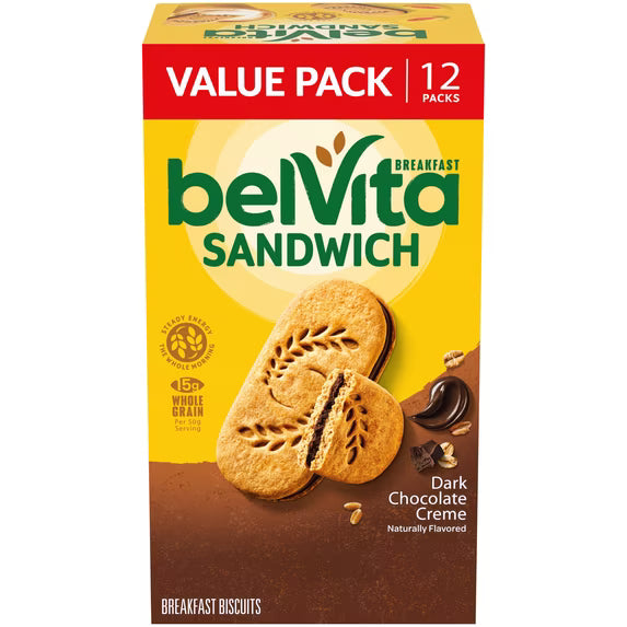 (3 pack) belVita Breakfast Bar Biscuit Sandwiches Dark Chocolate Creme, Value Pack, 12 Packs