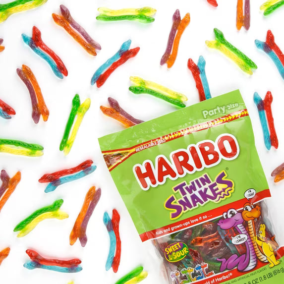 HARIBO Twin Snakes Gummies Original Sweet and Sour Assorted Fruit Flavor Gummy Candy, 28.8 oz, Bulk Party Size Bag( 2 pack)