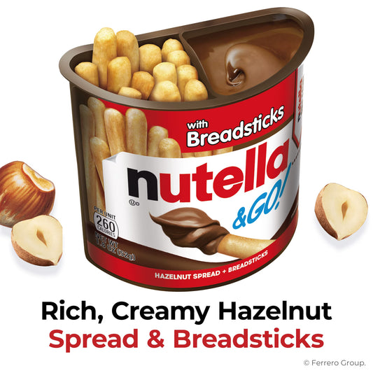 Nutella & GO! Chocolate Hazelnut Spread with Cocoa + Breadsticks, 4 Snack Packs, 1.8 oz Each