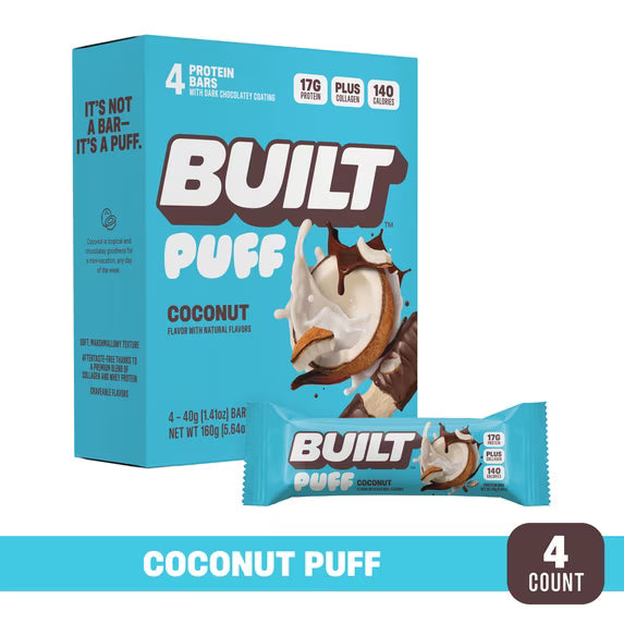 (3 pack) BUILT Puff Protein Bar, Coconut, 17g Protein, Collagen, 140 Calories, 4 Count Box, 1.41 oz Bars