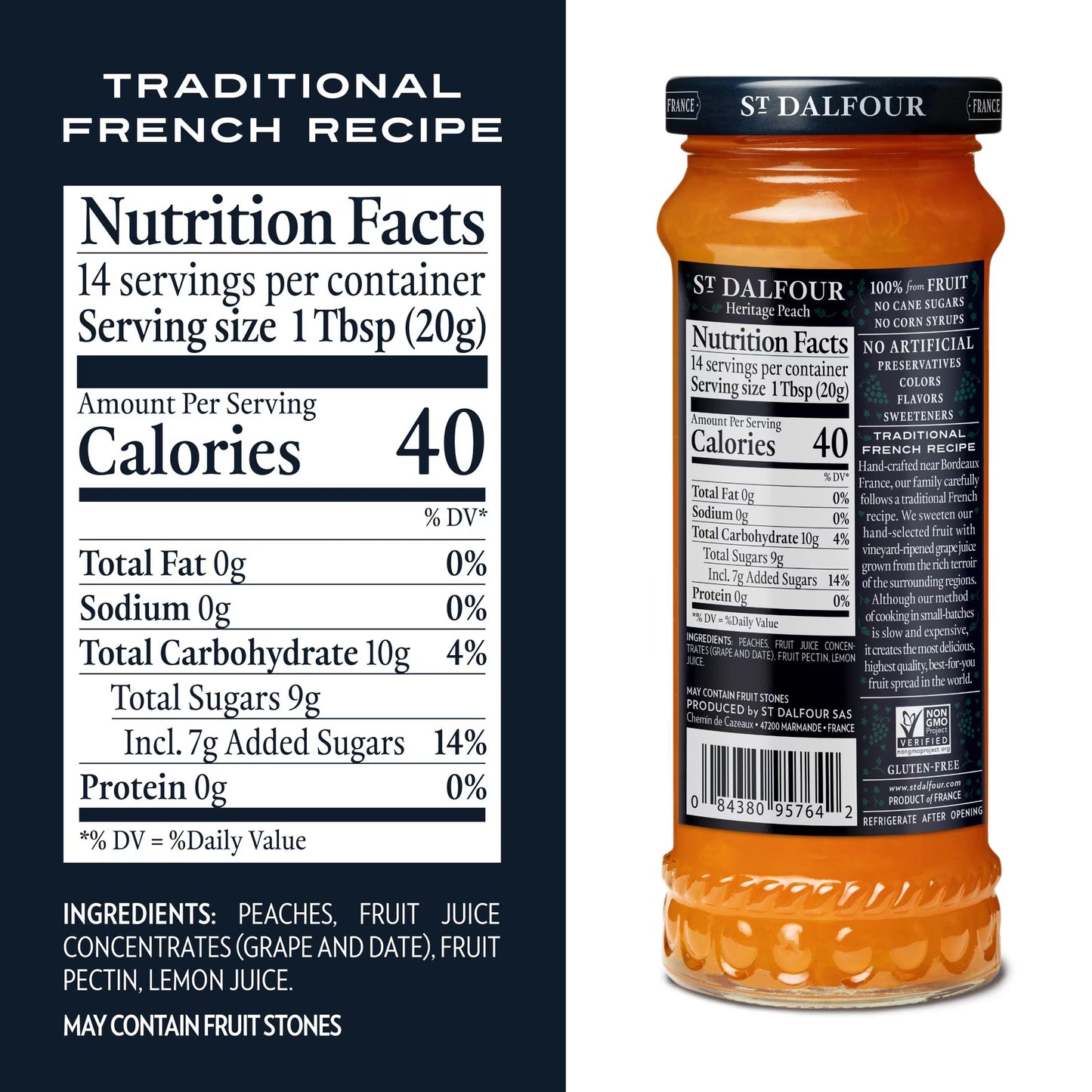 St Dalfour Heritage Peach Fruit Spread, 100% from Fruit, Vegan & Gluten Free, 10 oz Jar