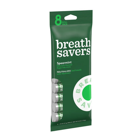 (3 pack) Breath Savers Spearmint Flavored Sugar Free Breath Mints, Rolls 0.75 oz, 8 Count