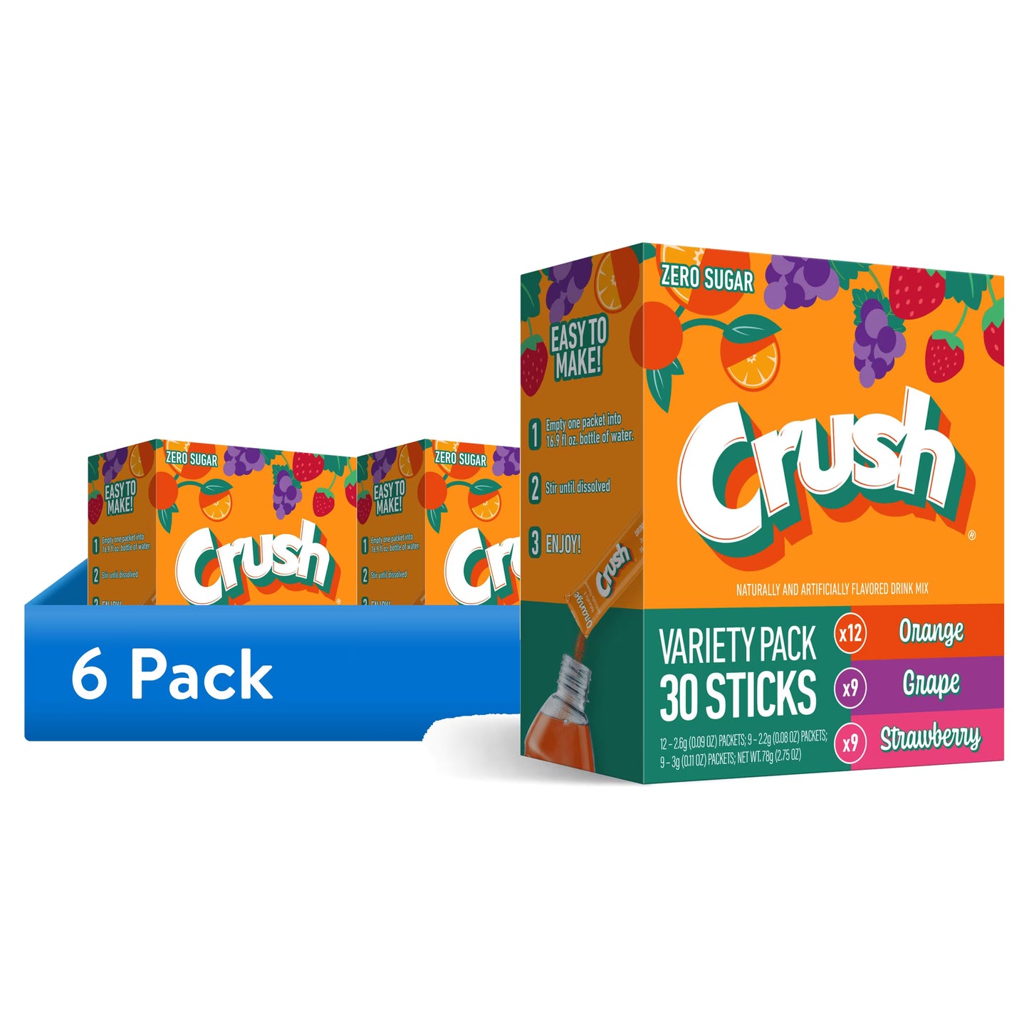 Crush Singles Grape, Orange, Strawberry To Go Sugar Free Drink Mix Variety Pack 2.75 oz Pack of 30 Sticks