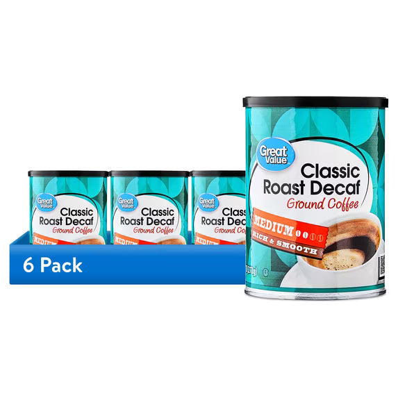 (6 pack) Great Value Decaf Classic Medium Roast Ground Coffee, 9.6 oz