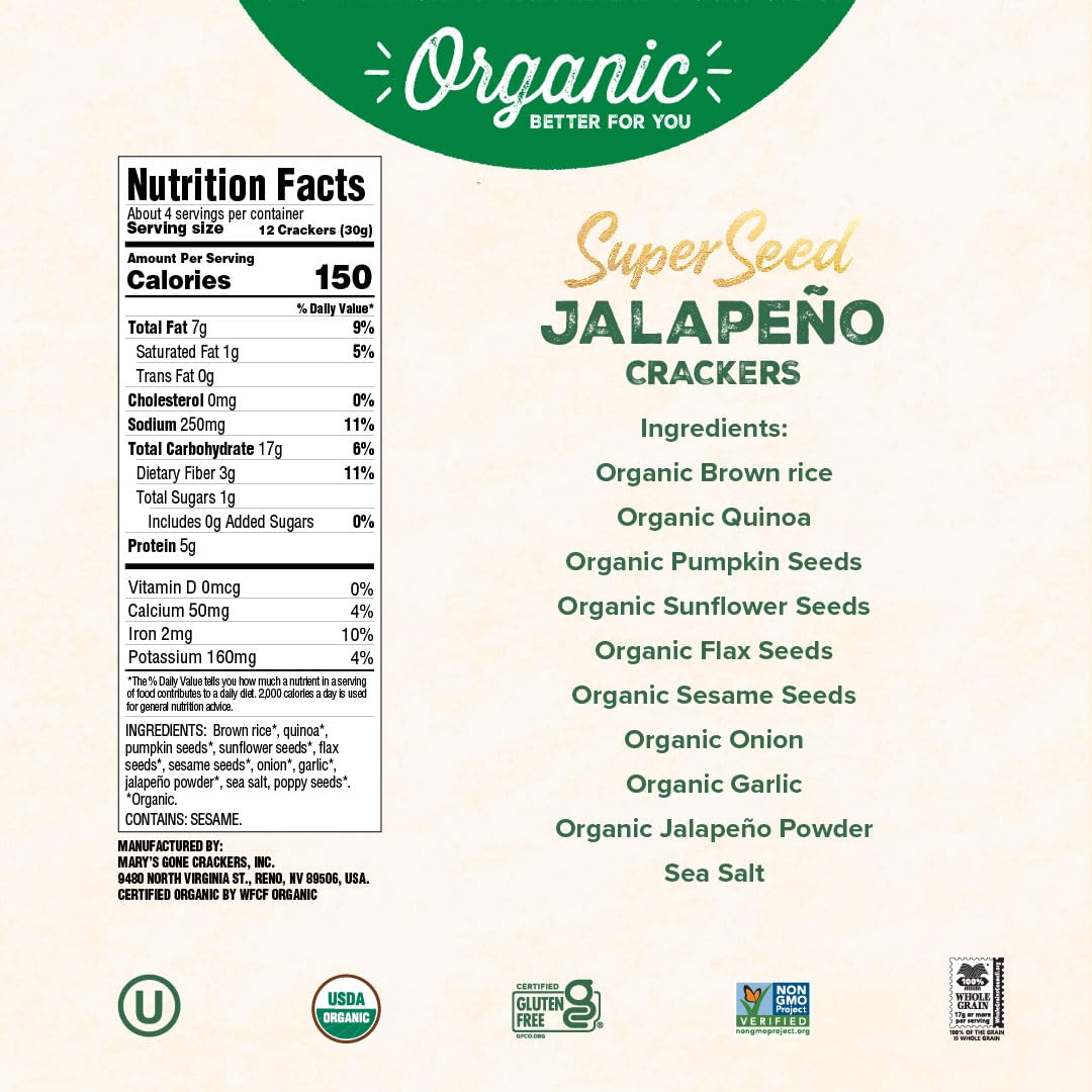 Mary's Gone Crackers Super Seed Crackers, Jalapeno, 4 Ounce (Pack of 1), Organic Plant Based Protein, Gluten Free