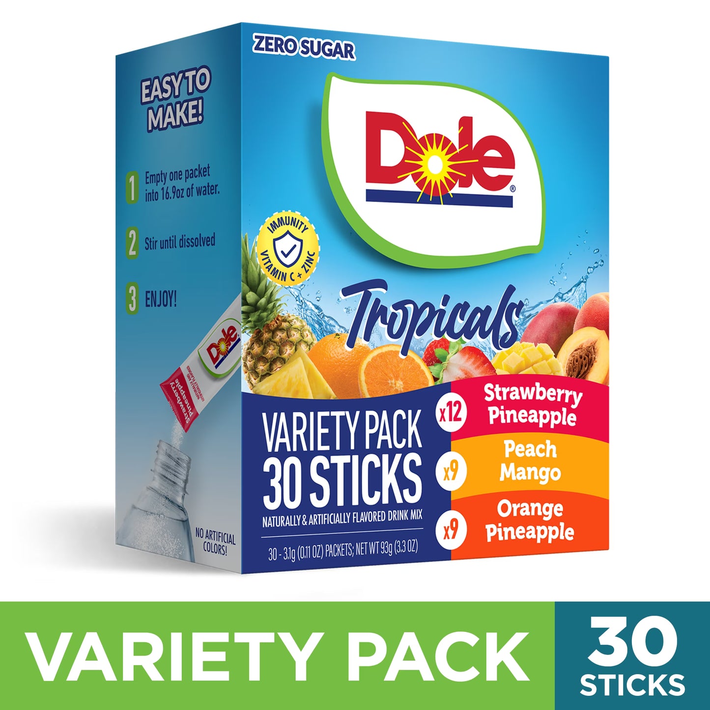 (3 pack) Dole Powder Drink Mix Variety Pack, Tropical, Peach Mango & Strawberry Pineapple, Sugar-Free, 30 Ct
