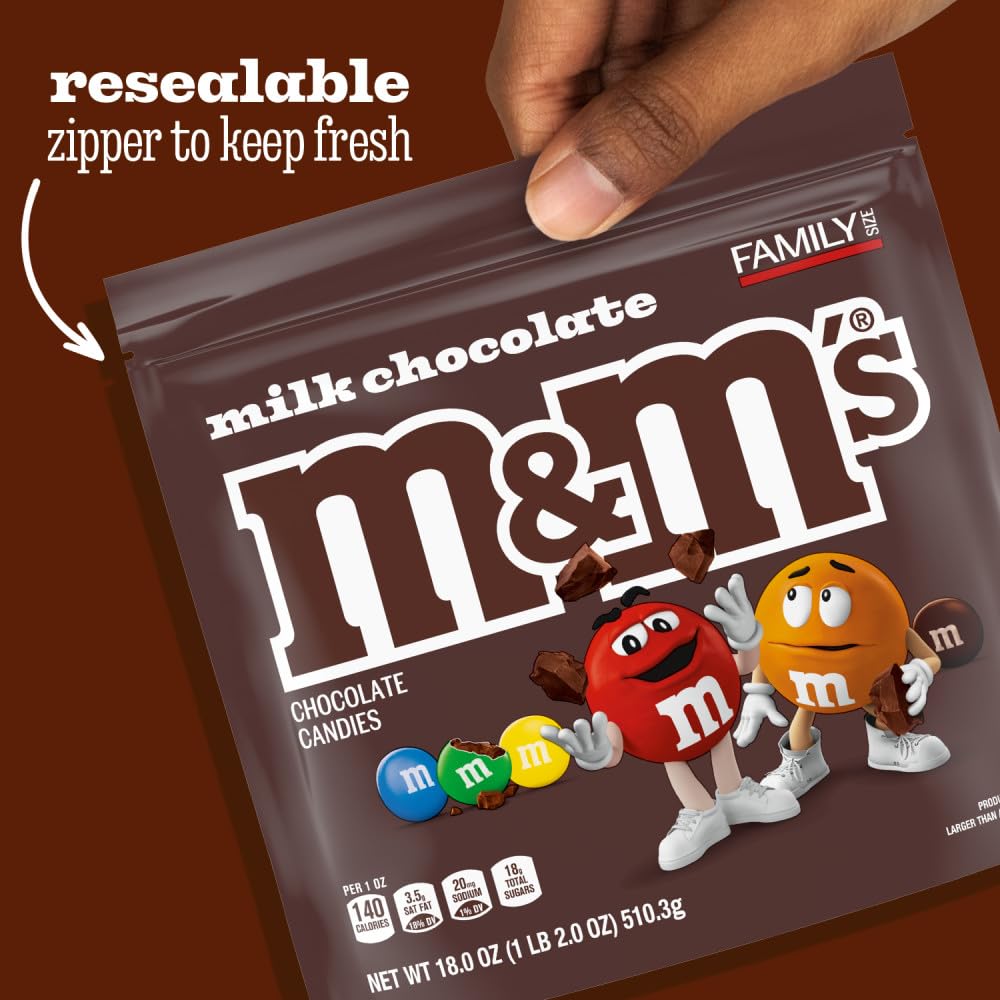 M&M'S Milk Chocolate Candy, Family Size, 18 oz Resealable Bulk Candy Bag