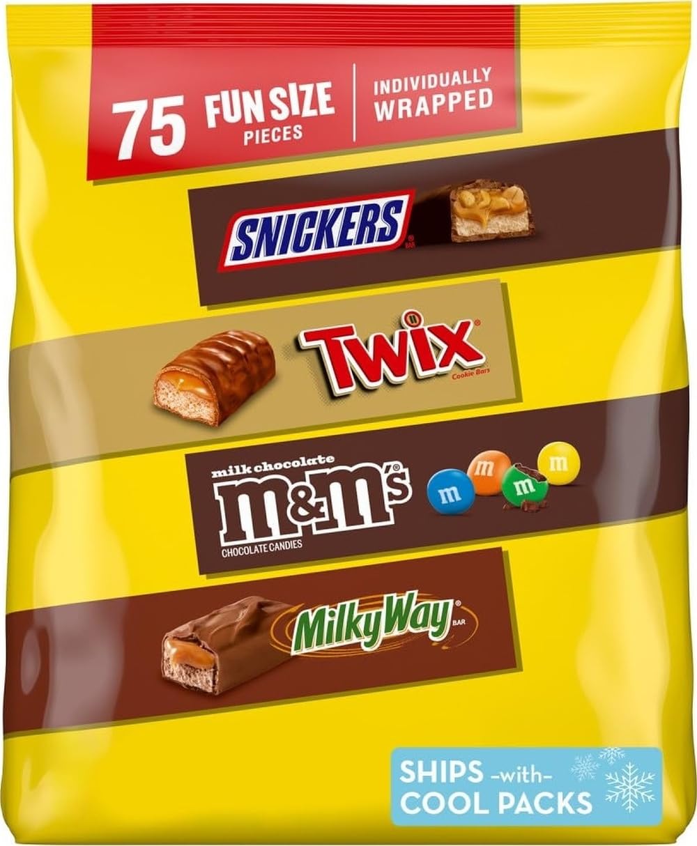 Mars Snickers, M&M'S Milk Chocolate, Milky Way & Twix Fun Size Chocolate Candy Variety Pack, 75 Ct Bulk Bag (2.73 Pounds)