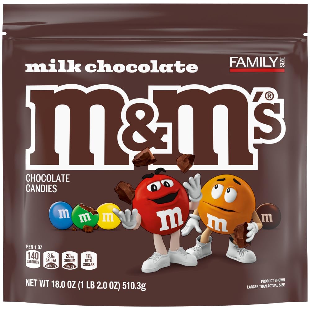 M&M'S Milk Chocolate Candy, Family Size, 18 oz Resealable Bulk Candy Bag