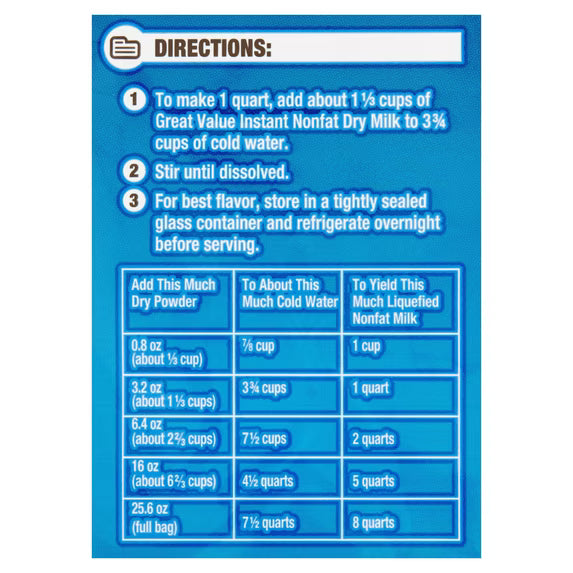 ( pack of 2)Great Value Instant Nonfat Dry Milk, 25.6 oz Bag, Makes 8 Quarts