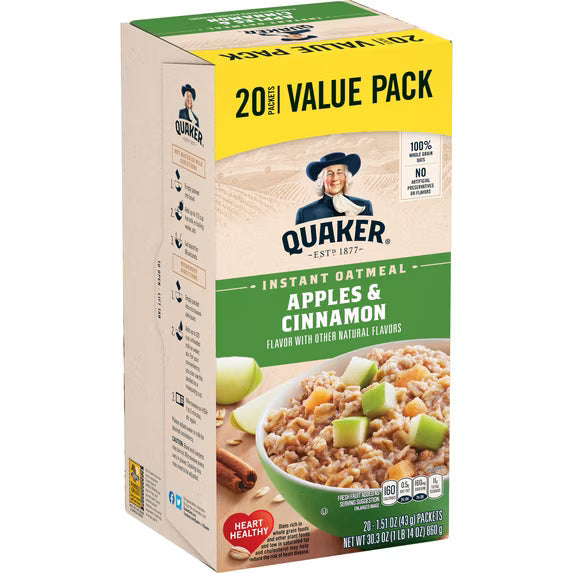 (8 pack) Quaker, Instant Oatmeal, Apple & Cinnamon, 1.51 oz, 20 Packets