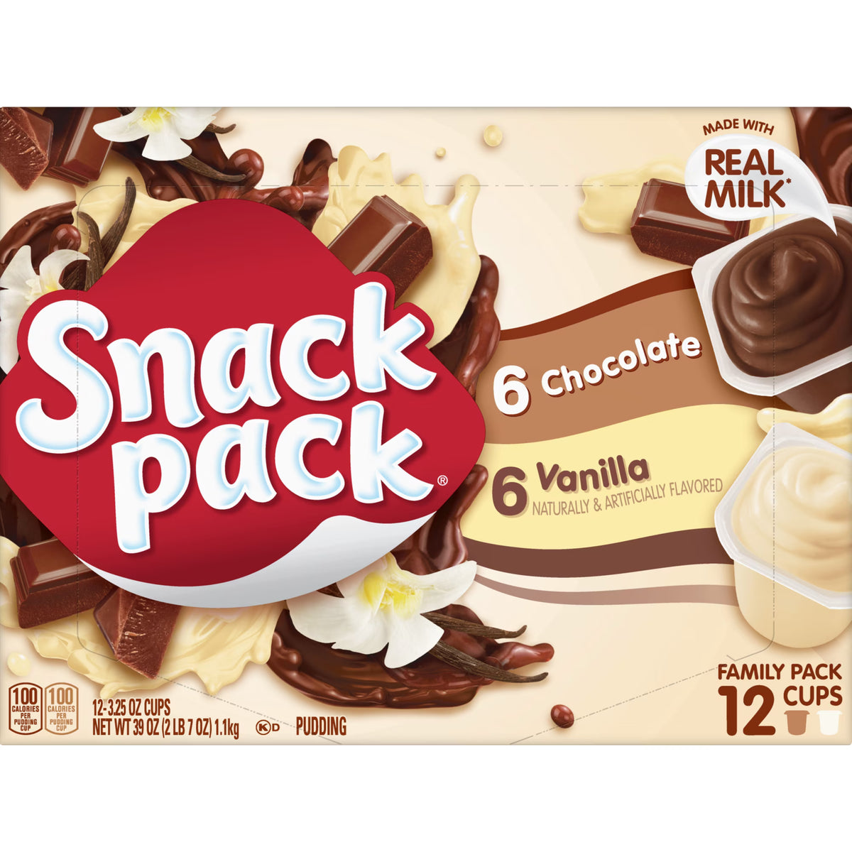 (4 pack) Snack Pack Chocolate Pudding and Vanilla Pudding, Lunchbox Snacks, 3.25 oz Pudding Cups, 12 Count Family Pack
